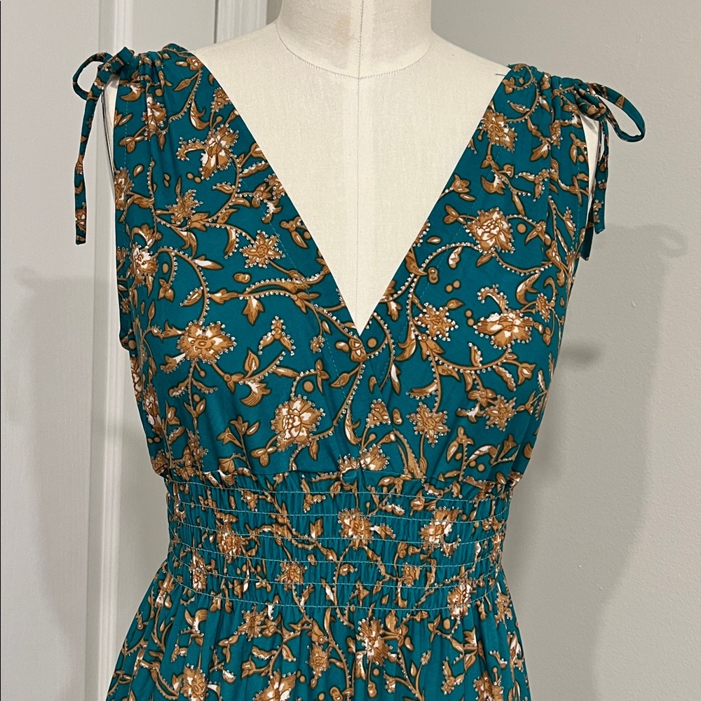 Teal Floral Midi Dress with Tie Straps - Picture 2 of 5